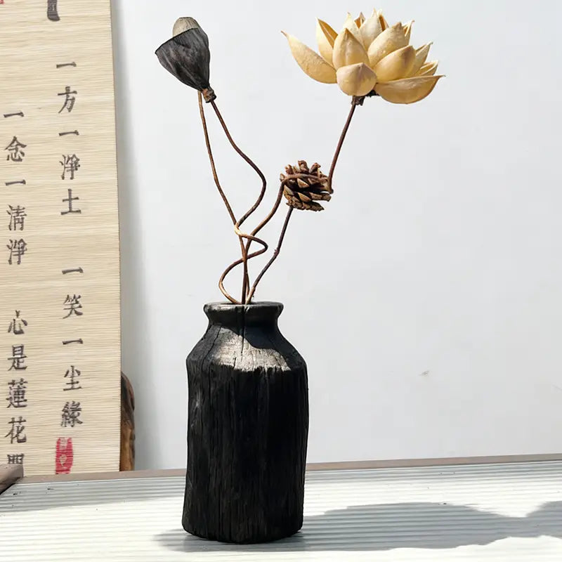 Japandi Black Wood Vase, Shou Sugi Ban Inspired | Sculptural Zen