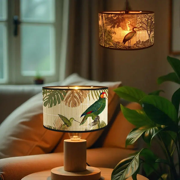 Bamboo Lamp Shade with Vintage Botanical Bird Print – Shade Only