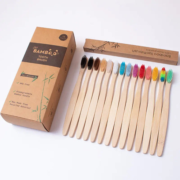 10-Pack Bamboo Toothbrushes: Rainbow & Solid-Color Eco Brushes