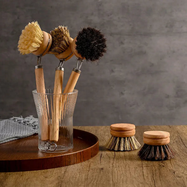 Wooden Dish Brush with Replaceable Natural Bristle Heads