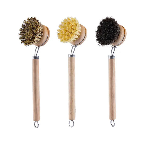 Wooden Dish Brush with Replaceable Natural Bristle Heads